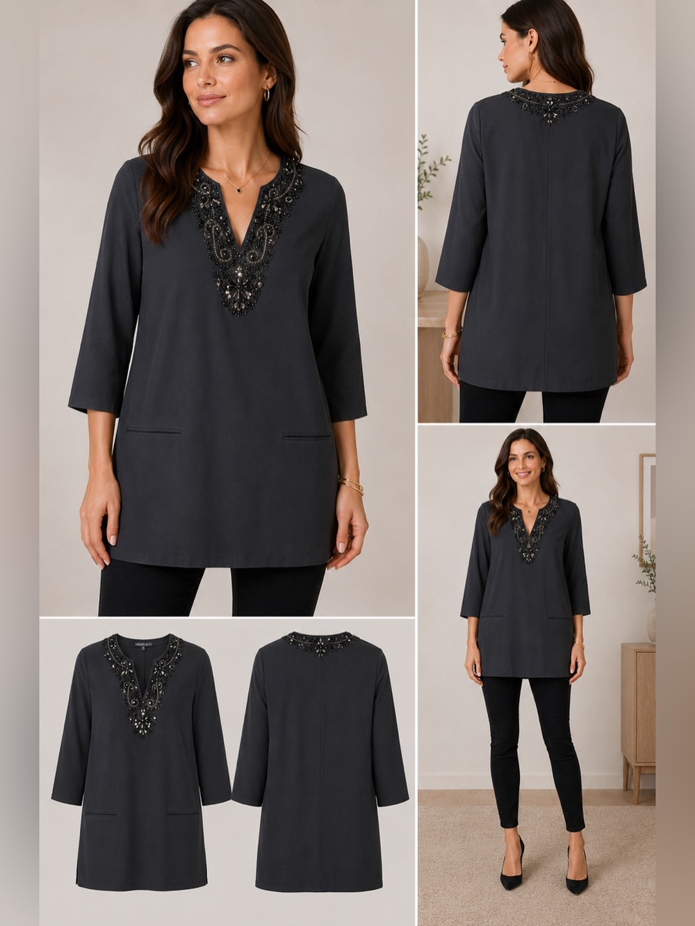 Lafayette 148 New York 100% Silk Beaded Embellished Tunic Blouse Luxury Black